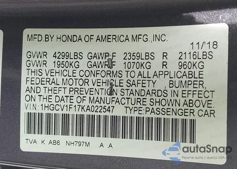 2019 Honda Accord Lx из США, поврежденный, VIN 1HGCV1F17KA022547